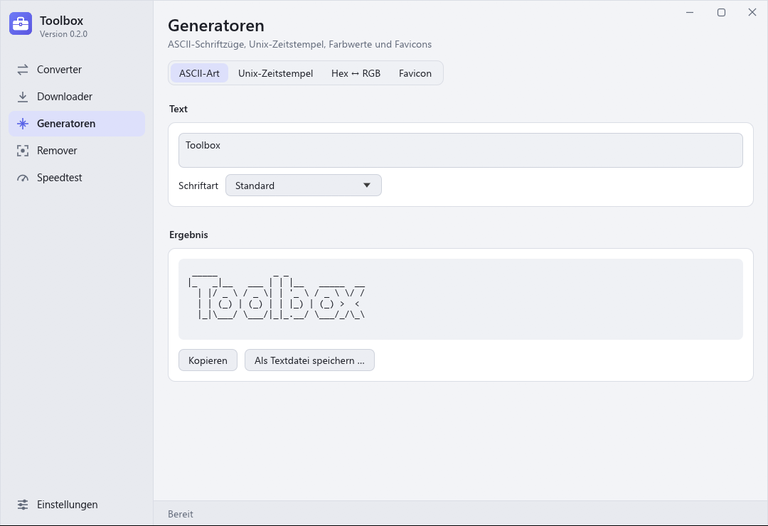 ASCII-Generator mit Texteingabe, Schriftauswahl und Vorschau.