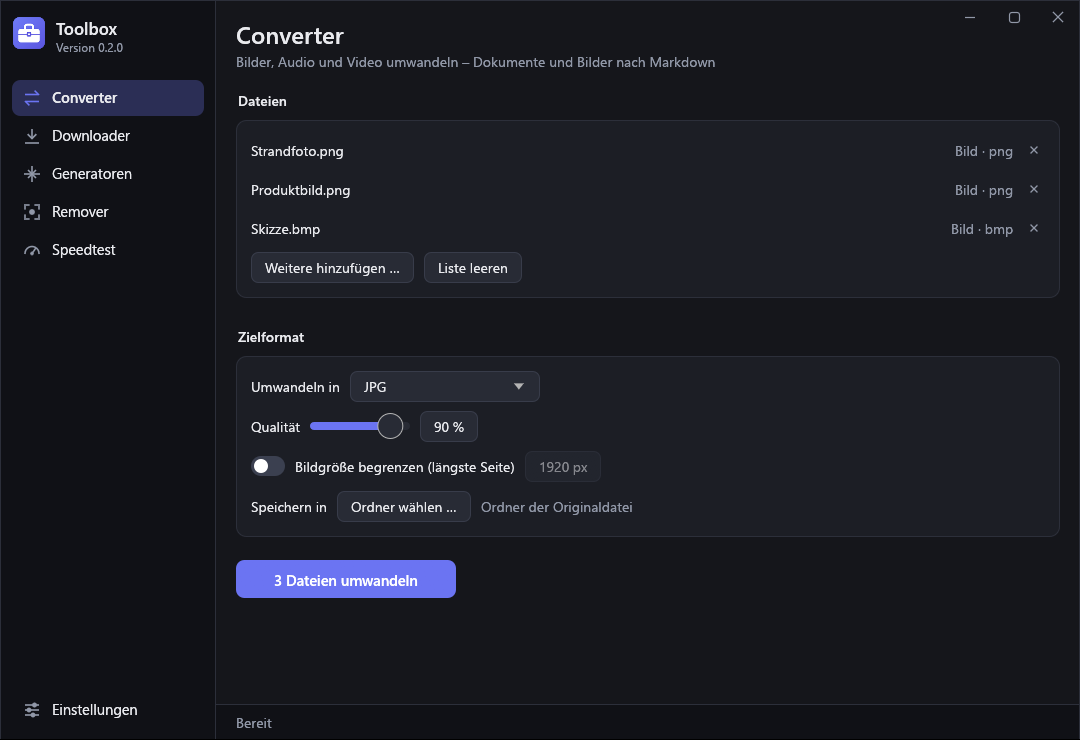 Toolbox-Fenster, Seite Converter: drei Bilder in der Liste, Zielformat JPG mit Qualitätsregler.