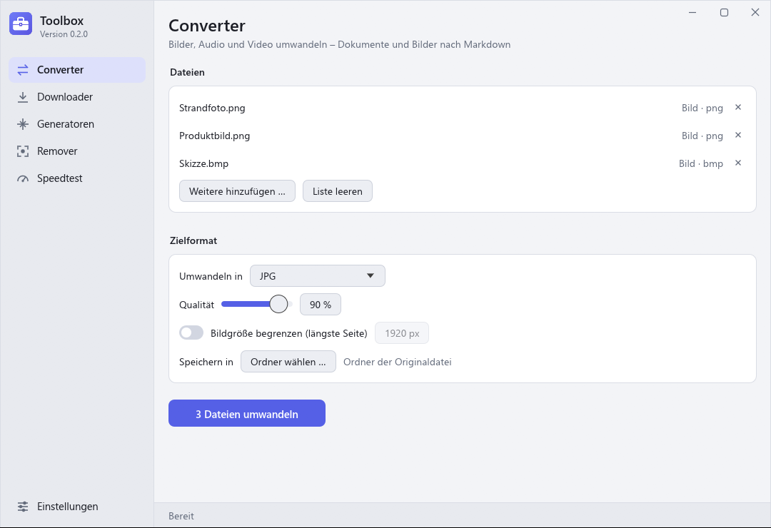 Toolbox-Fenster, Seite Converter: drei Bilder in der Liste, Zielformat JPG mit Qualitätsregler.
