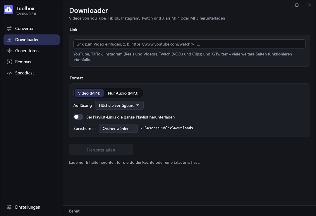 Downloader mit Linkfeld, Auswahl Video oder nur Audio, Auflösung und Zielordner.