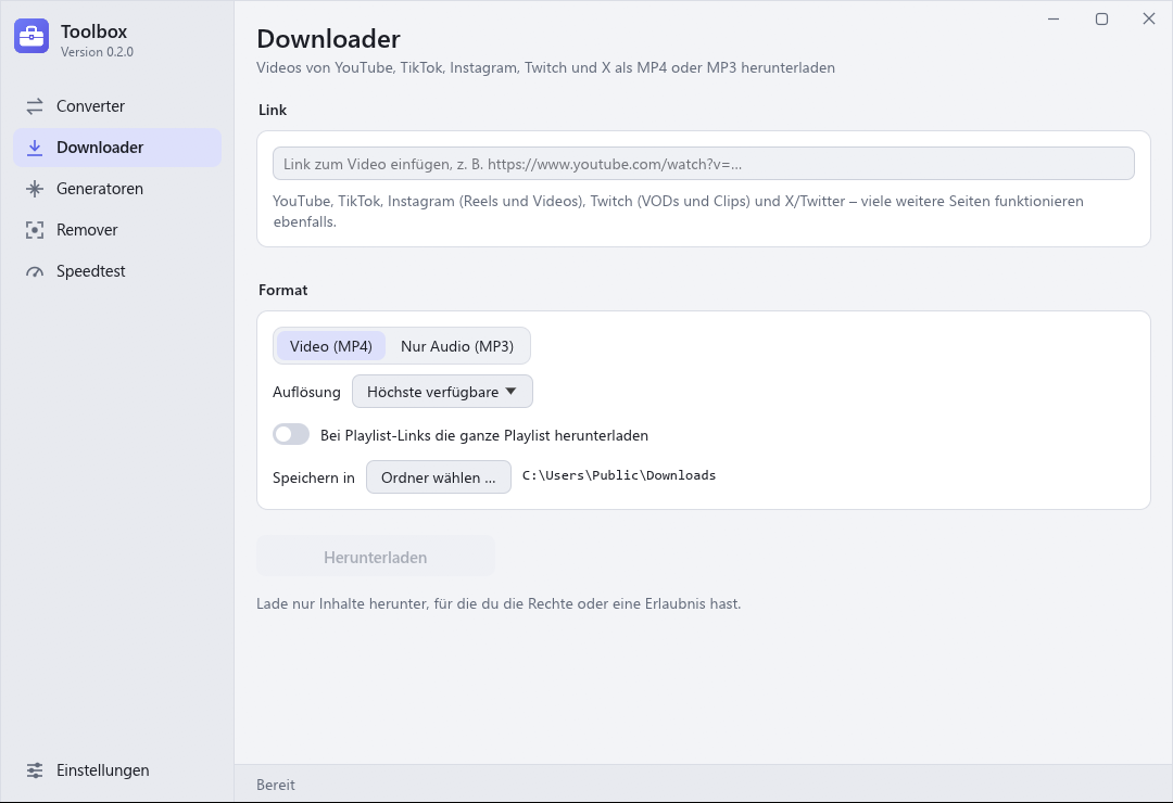 Downloader mit Linkfeld, Auswahl Video oder nur Audio, Auflösung und Zielordner.