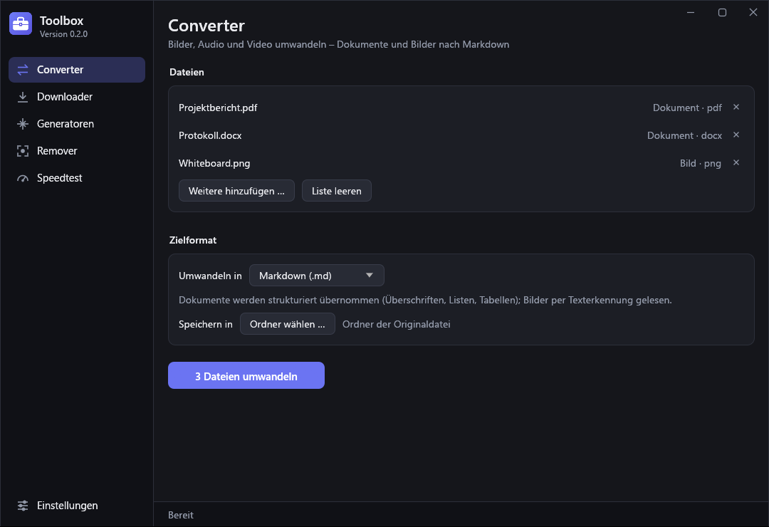 Converter mit Dokumenten und einem Bild, Zielformat Markdown.