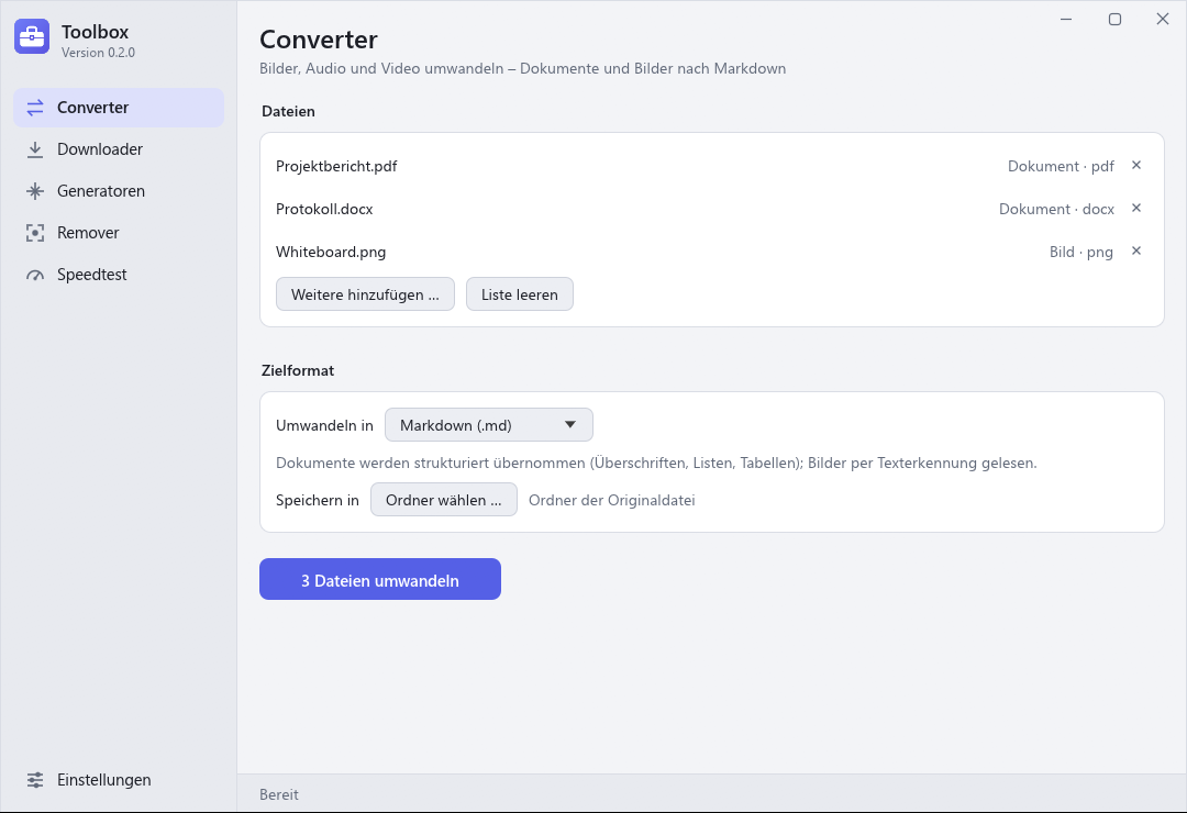 Converter mit Dokumenten und einem Bild, Zielformat Markdown.