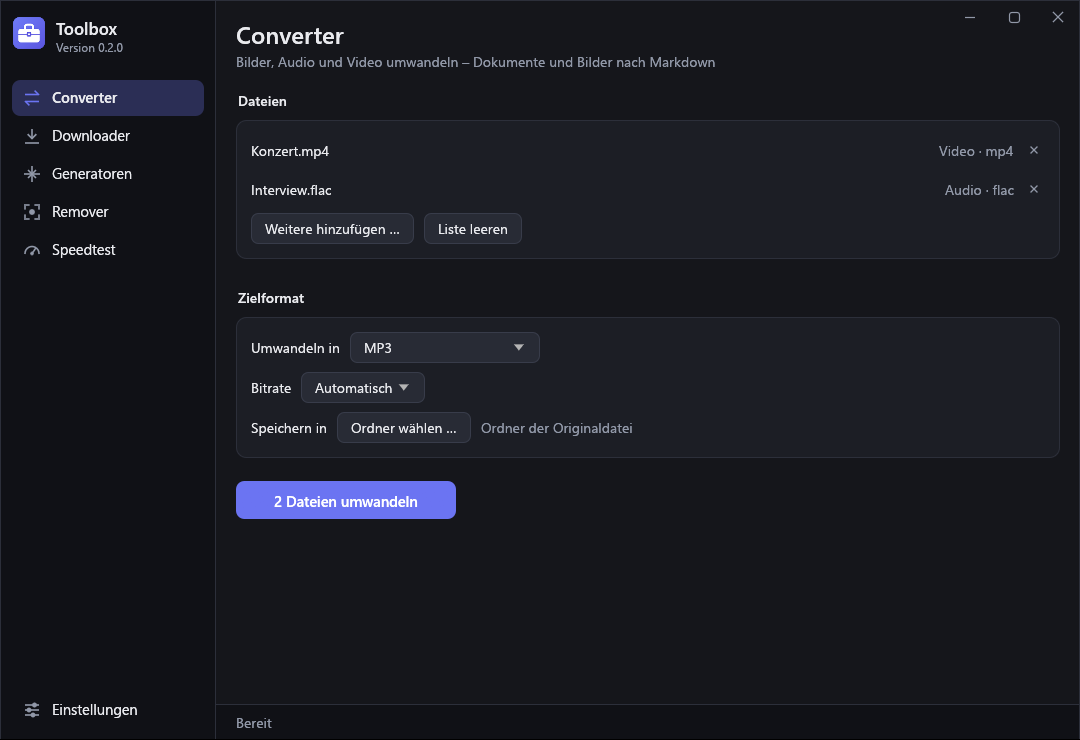 Converter mit Audio- und Videodateien und Bitrate-Auswahl.
