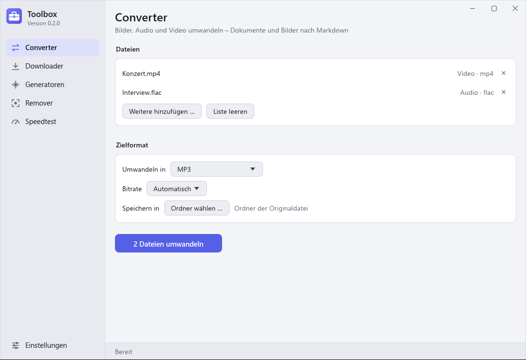 Converter mit Audio- und Videodateien und Bitrate-Auswahl.