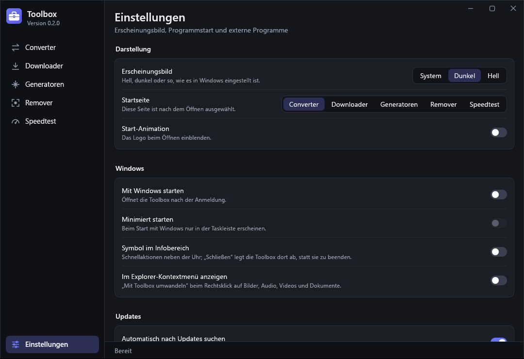 Einstellungen der Toolbox im dunklen Erscheinungsbild.