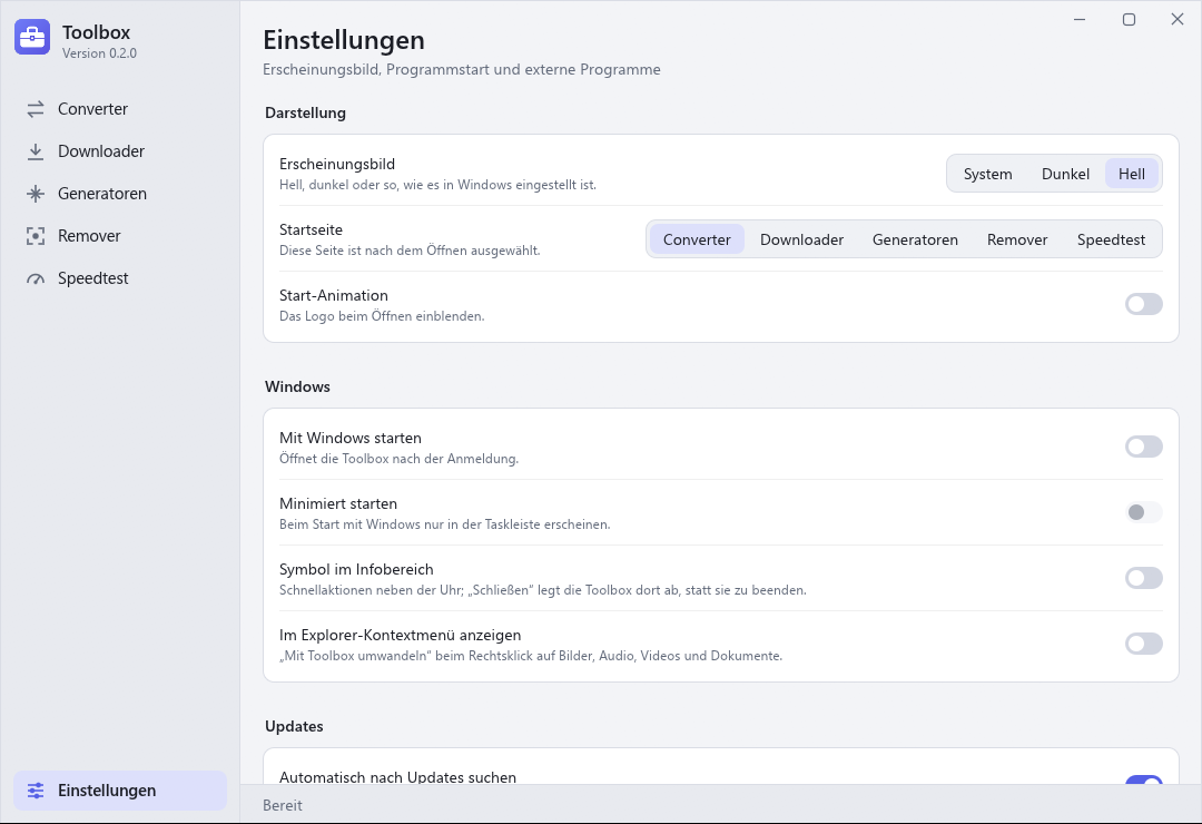 Einstellungen der Toolbox im hellen Erscheinungsbild.