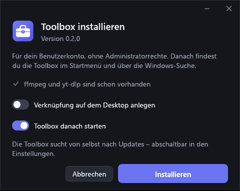 Setup-Fenster der Toolbox mit den Schaltern für Desktop-Verknüpfung und Zusatzprogramme.