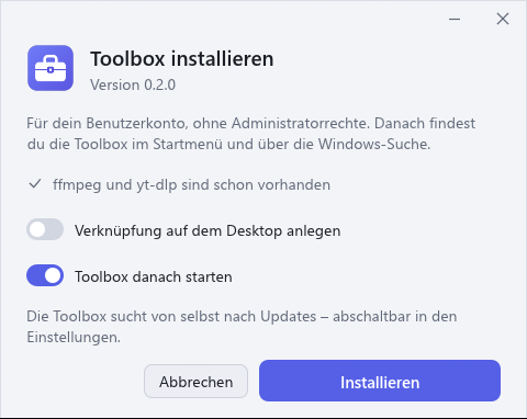 Setup-Fenster der Toolbox 0.2.0 mit den Schaltern für die Desktop-Verknüpfung und den Start nach der Installation.